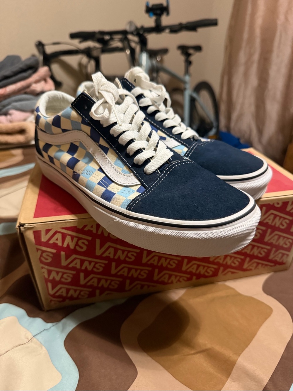 Vans Old Skool Navy with Light Blue & Cream Checkerboard